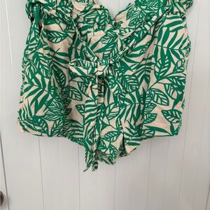 Green Leaf Print Paperbag Waist Shorts